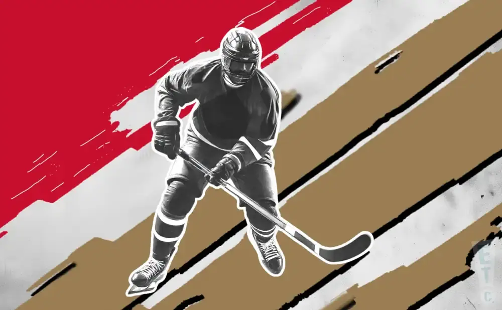 A hockey player in mid-action, poised to strike the puck, on a stylized background of red, white, and gold stripes.