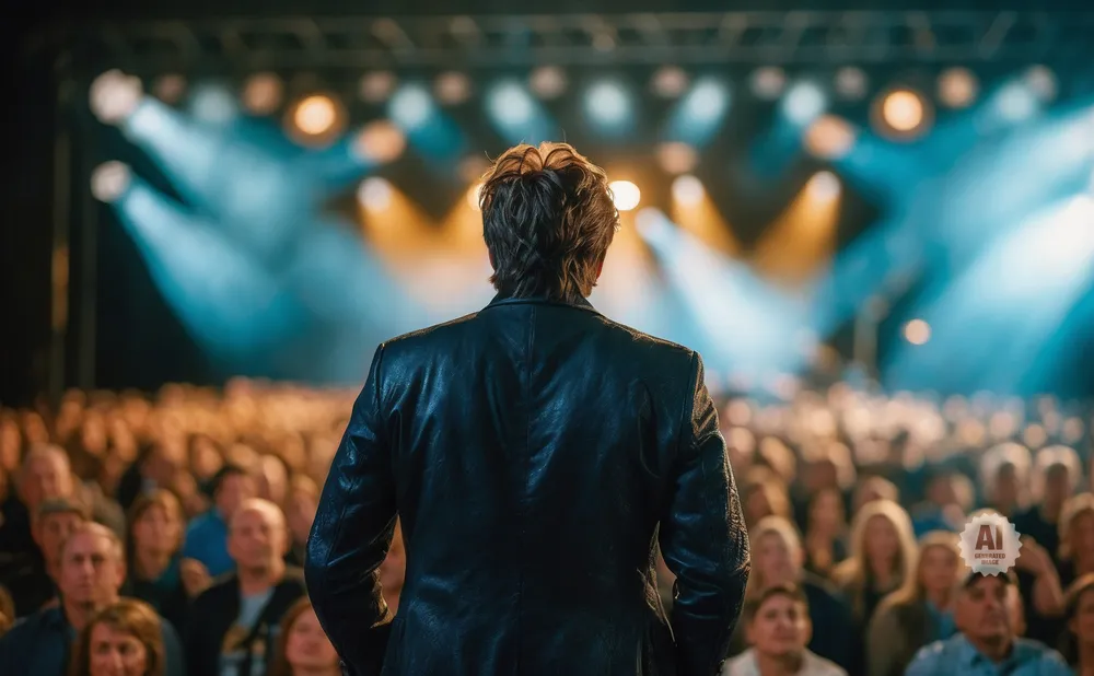 Man in black jacket facing a large, cheering audience under stage lights.