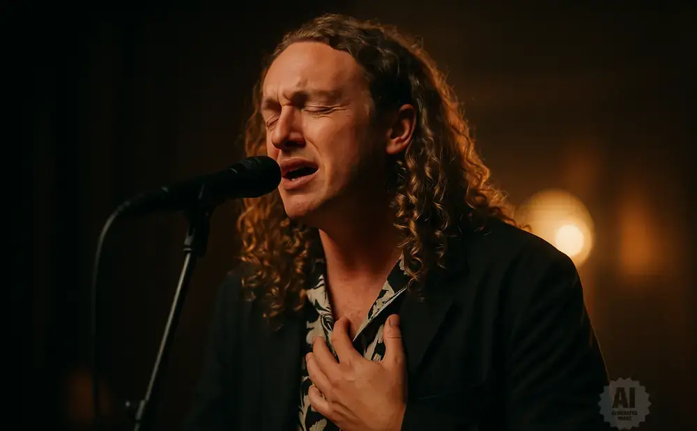 Man with long curly hair singing emotionally into a microphone, hand on chest.