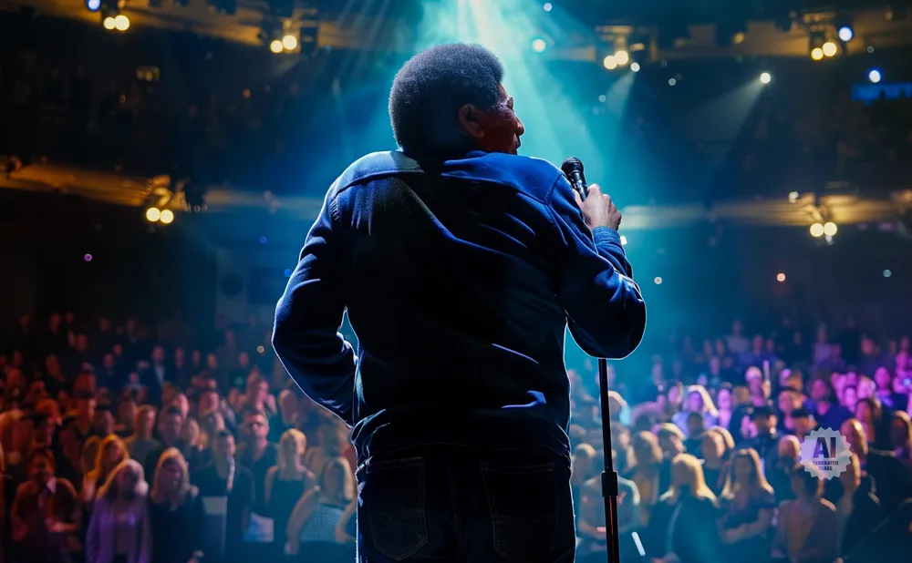 Comedian on stage with a microphone facing a large, blurred audience under bright stage lights.