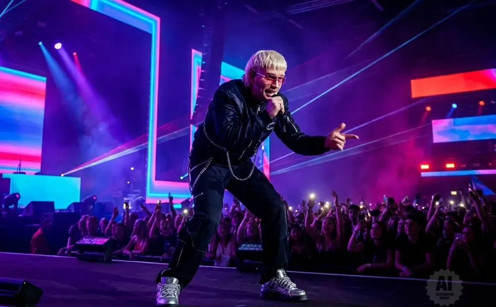 A blonde musician in pink sunglasses and a black jacket performs on stage with a crowd in the background.