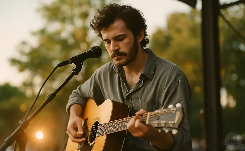 A man plays an acoustic guitar and sings into a microphone outdoors, with a blurred background of trees and sunlight.