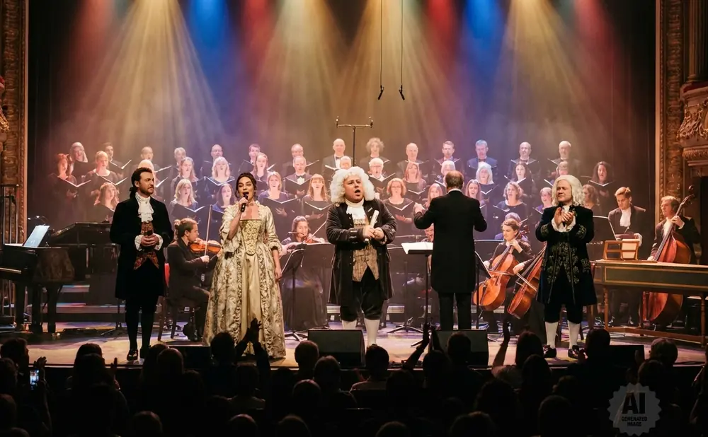 A choir and orchestra perform on stage, with solo singers in period costumes at the front.