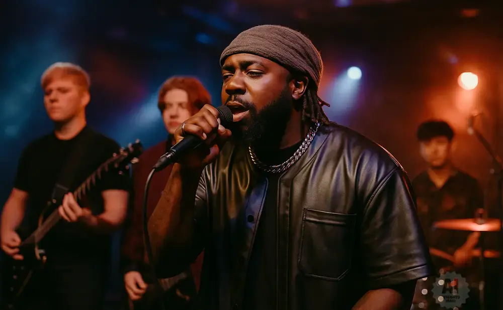 A Black man sings into a microphone while his band plays behind him.