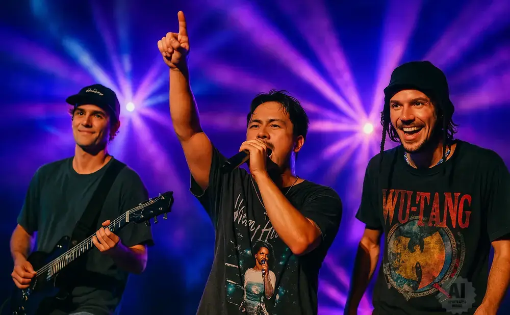 Three men perform on stage with purple stage lights; two are singing into microphones and one plays guitar.