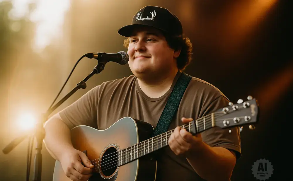 A man wearing a baseball cap plays an acoustic guitar and sings into a microphone.