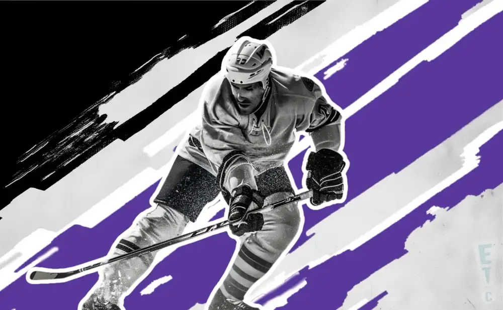 A hockey player in black and white, with purple and white diagonal streaks in the background.