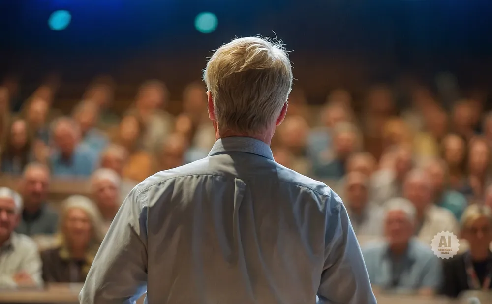 Man with blond hair speaking to a seated audience in a dimly lit room.
