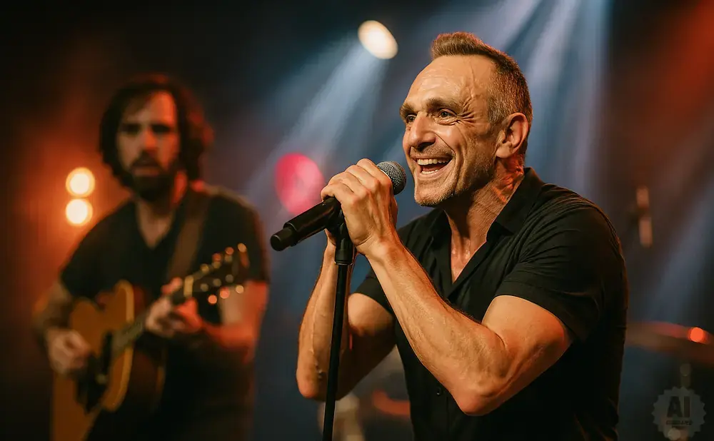 A man sings into a microphone on stage, with another musician playing guitar in the blurred background.