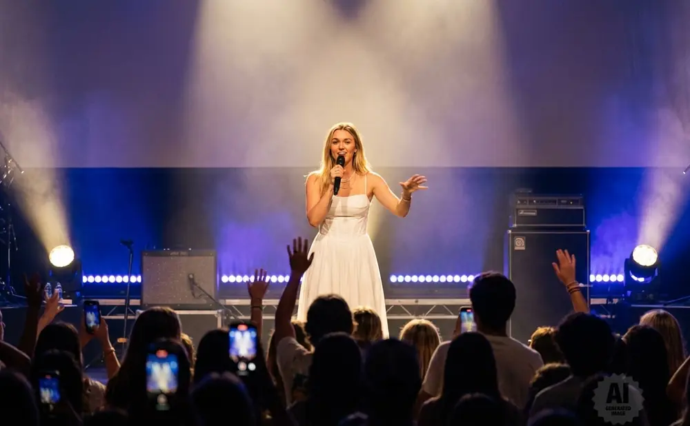 Singer in a white dress performs on stage to a cheering crowd holding up phones.