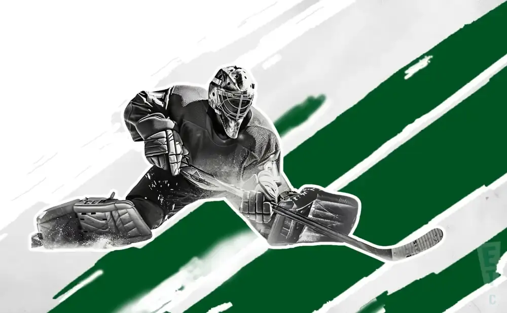 Hockey goalie in full gear making a save, with a green and white background.