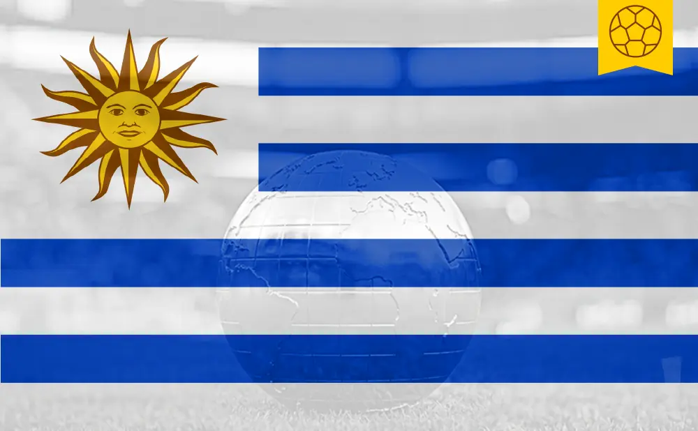Uruguayan flag with a globe and a soccer ball emblem.
