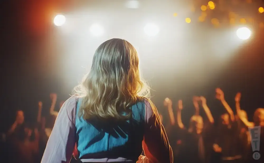 A blonde woman stands on a stage, facing a cheering crowd.