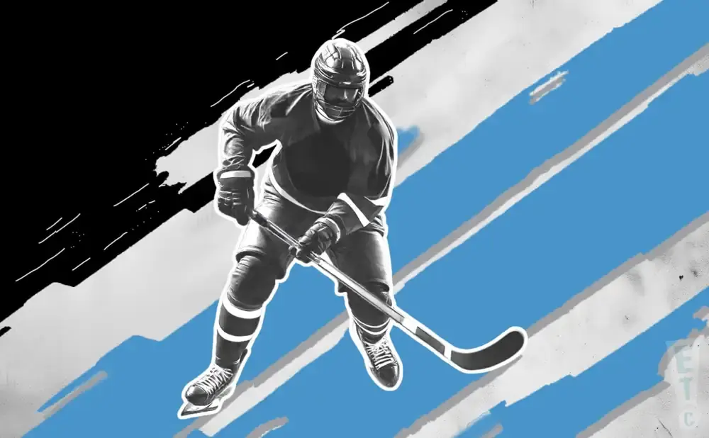 A hockey player in uniform skates with a stick, against a background of black, white, and blue brushstrokes.