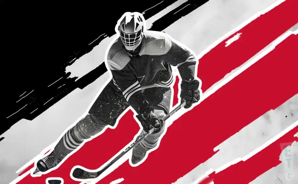A black and white image of a hockey player skating on a red and white background.