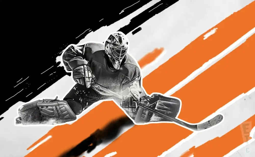 Hockey goalie in full gear making a save, with orange and white abstract brush strokes.