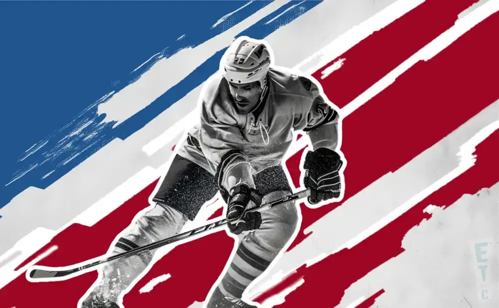 A hockey player in black and white is in motion against a backdrop of red and blue brush strokes.