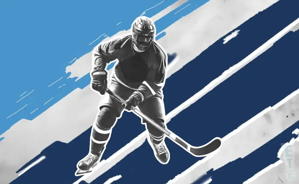 A black and white image of a hockey player in motion, set against a background of blue and white abstract stripes.