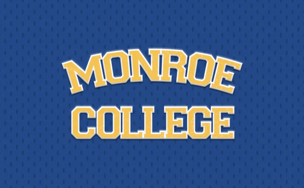 Monroe College logo with yellow text on a blue textured background.