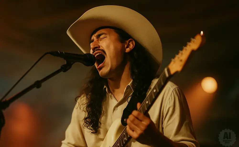 A man in a cowboy hat sings into a microphone while playing a white electric guitar.