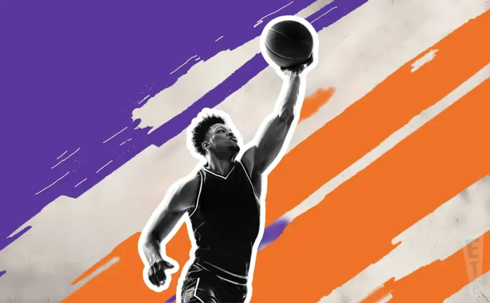 A black and white basketball player jumps with the ball above his head, against a background of purple and orange stripes.