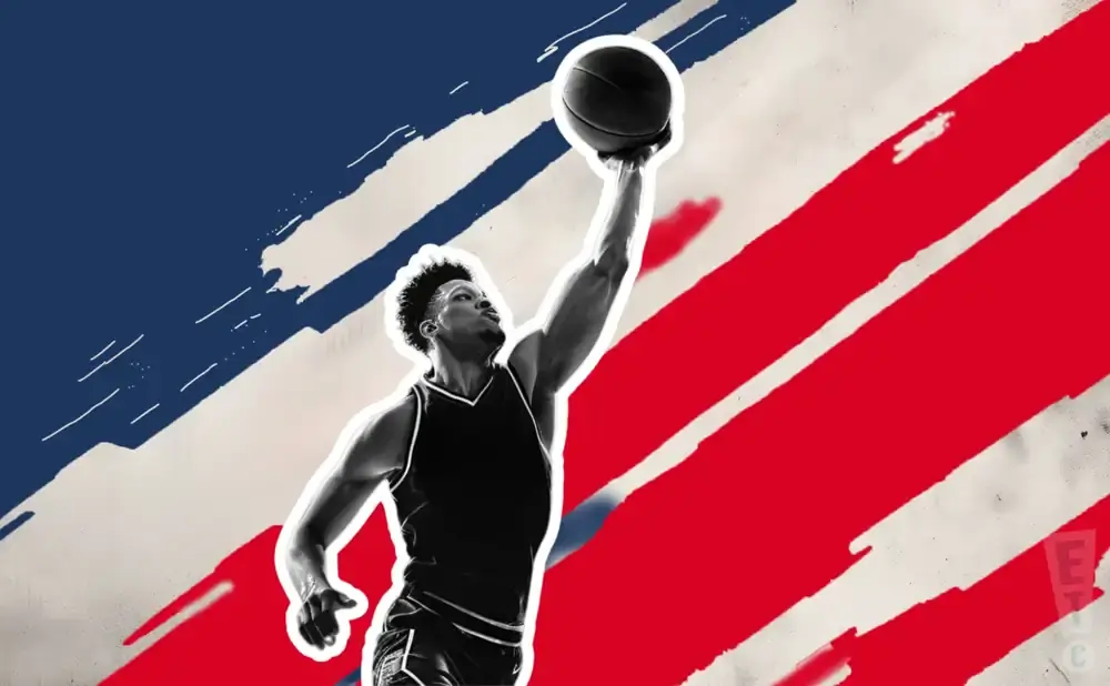 A Black basketball player jumps to dunk against a backdrop of red, white, and blue stripes.