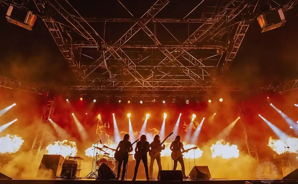 A rock band performs on a stage with dramatic lighting and pyrotechnics.