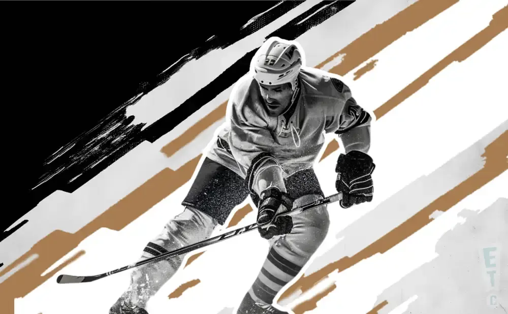 A black and white hockey player in uniform skates, with abstract brown and black brush strokes in the background.