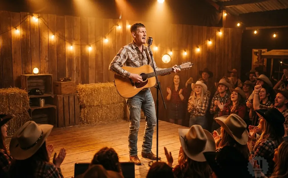 A man plays guitar and sings into a microphone on stage in a barn, with an audience of people in cowboy hats clapping.