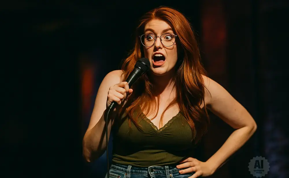 A redhead comedian with glasses and an olive green top holds a microphone and tells a joke.