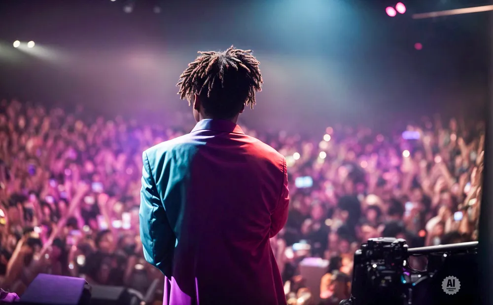 A performer with dreadlocks faces a crowd of fans holding up their phones at a concert.