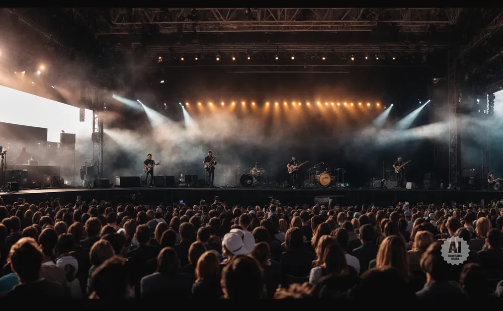 A band performs on a smoke-filled stage at an outdoor concert, with a large crowd in the foreground.