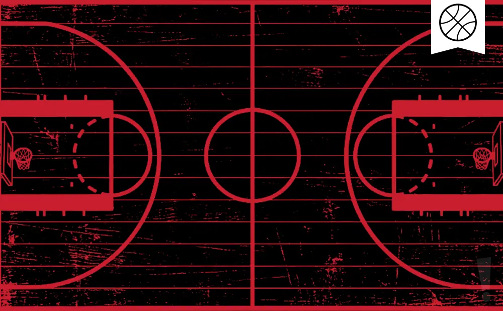 Red basketball court lines on a black, distressed background with a basketball icon in the top right corner.