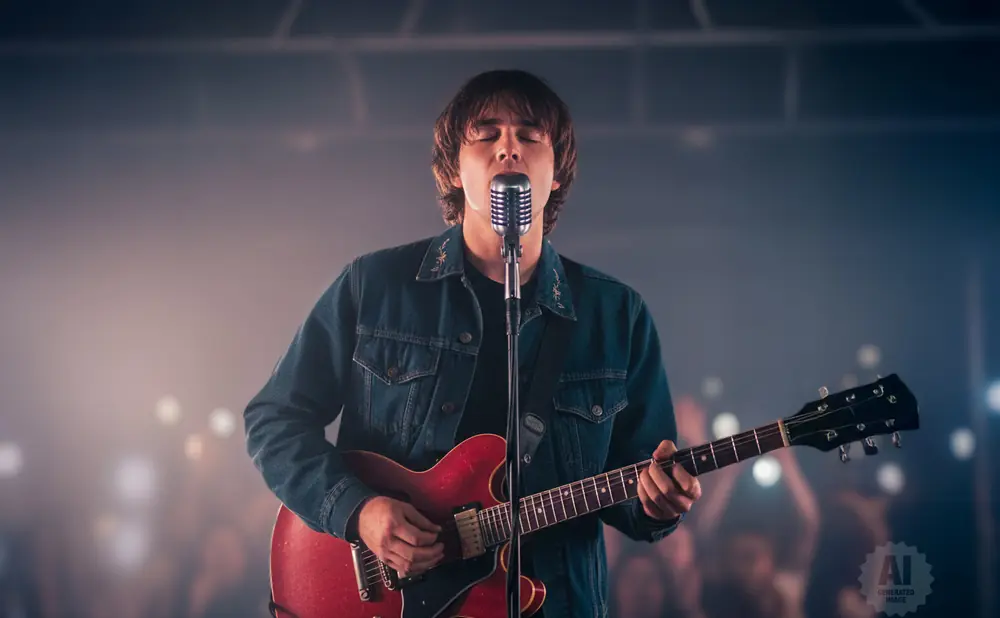 A man in a denim jacket sings into a microphone while playing a red electric guitar on stage.