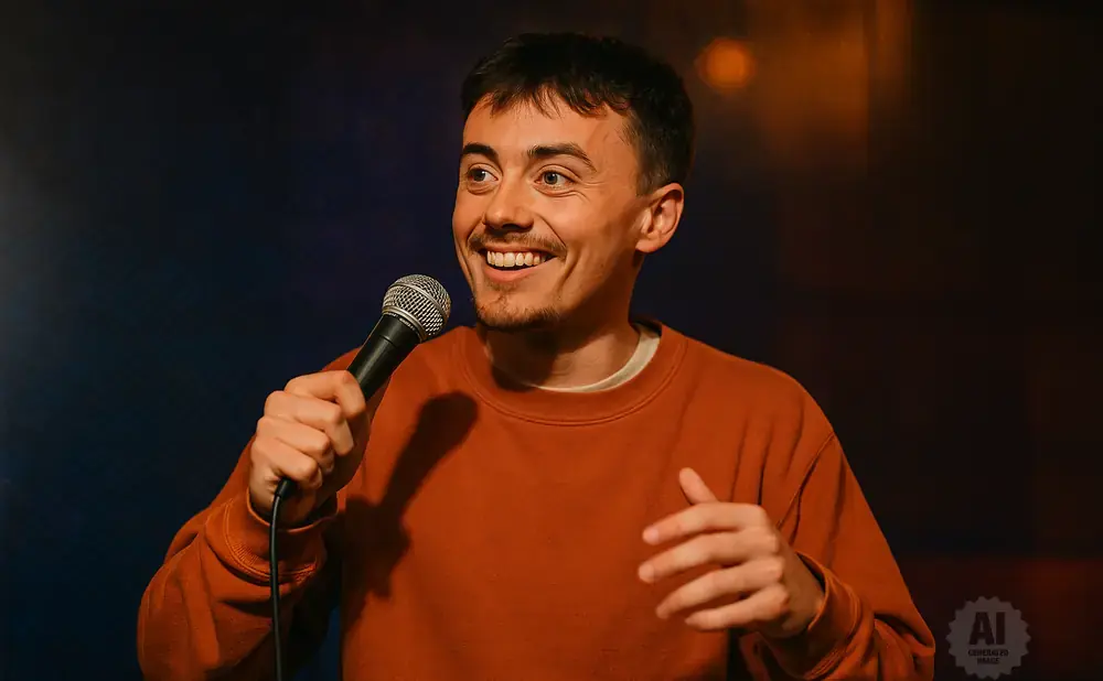 A man with short brown hair smiles while holding a microphone and wearing an orange sweatshirt.