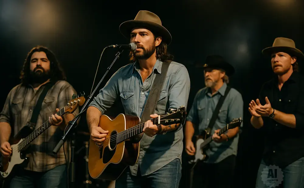 A band on stage, with a lead singer in a hat playing an acoustic guitar and singing into a microphone.