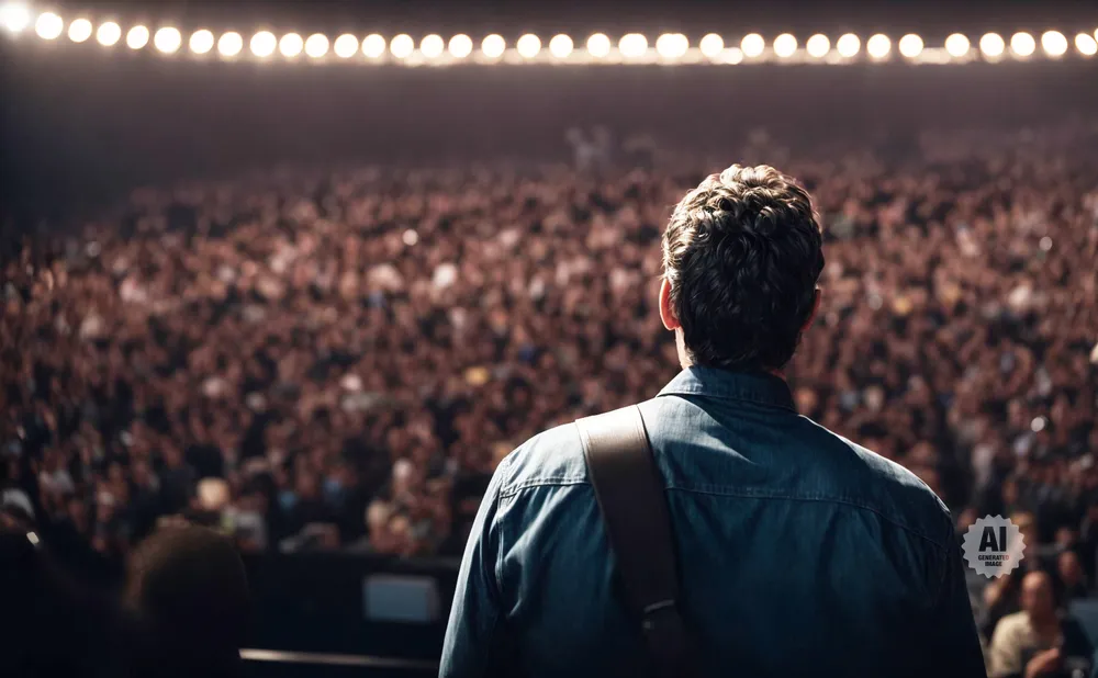 A guitarist in a denim shirt faces a large, cheering crowd under stadium lights.