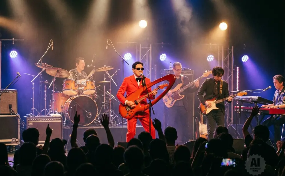 A guitarist in a red suit plays a guitar on stage with a drummer and keyboards behind him.