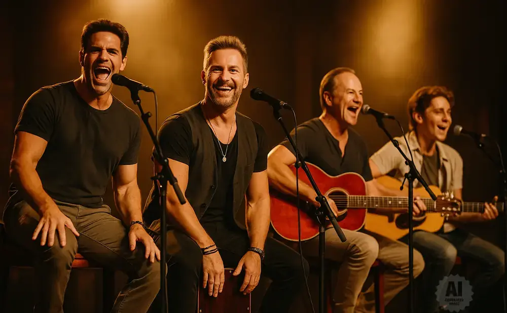 Four men singing and playing guitars on a dimly lit stage.