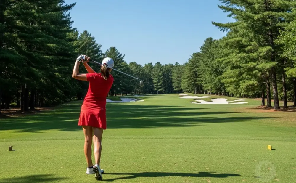 A golfer in a red outfit swings her club on a sunny day at a golf course.