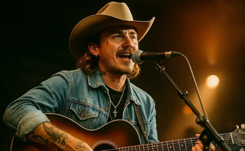 A male country singer with tattoos and a cowboy hat performs with an acoustic guitar and microphone.