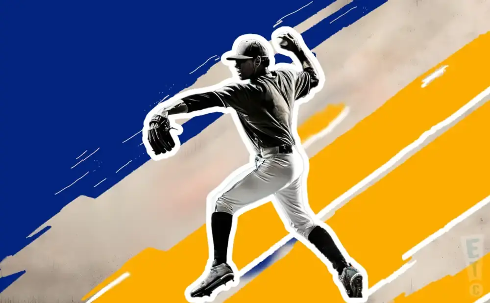 A baseball pitcher throws a pitch against a colorful, abstract background.