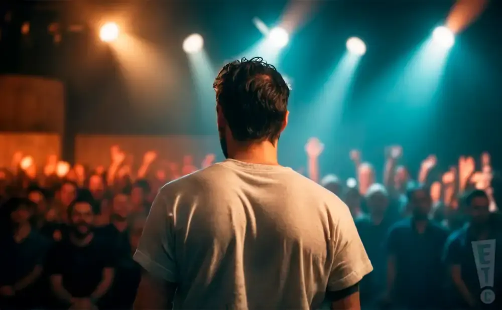 Man in a white t-shirt faces a cheering crowd under stage lights.