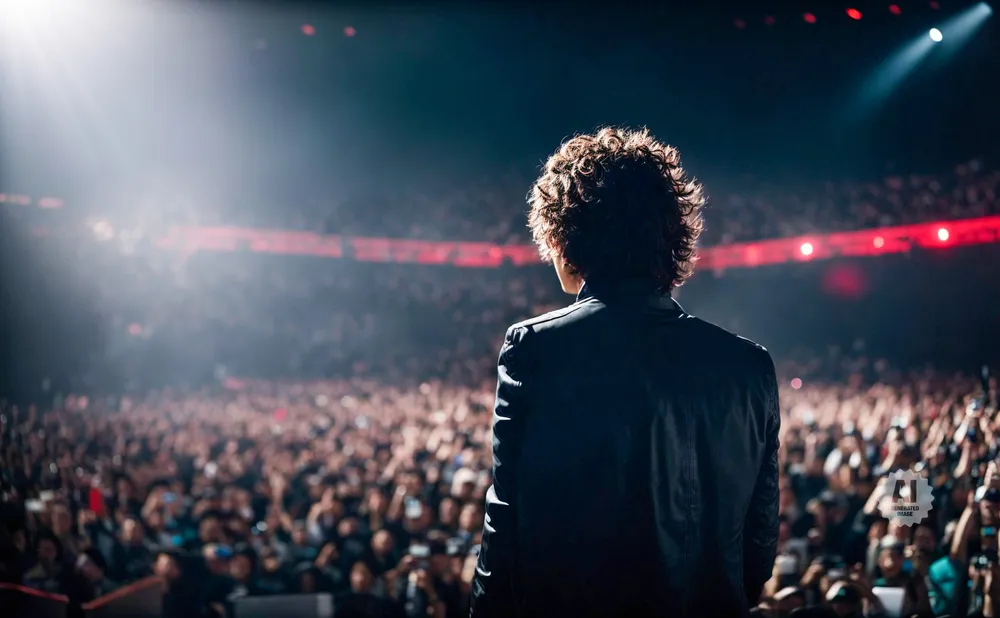 A performer with curly hair stands on stage, facing a large, cheering crowd at a concert.