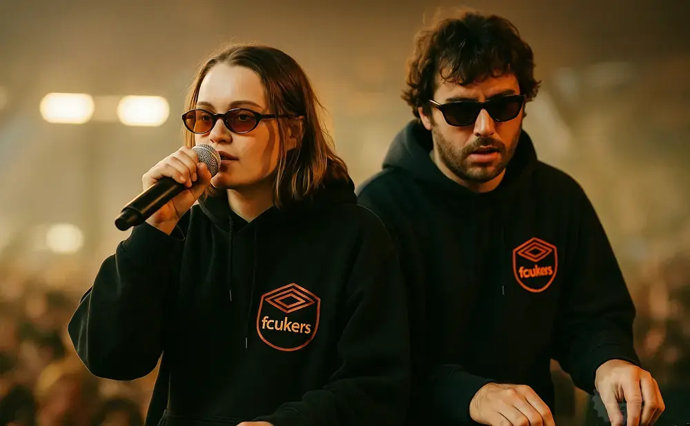 A woman sings into a microphone and a man operates equipment on stage, both wearing black hoodies with an orange logo.