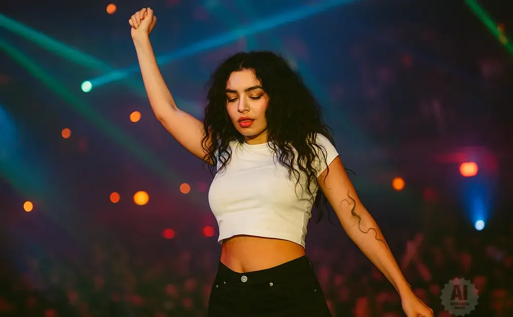 Singer on stage with fist raised, wearing a white crop top and black pants, with colorful stage lights in the background.