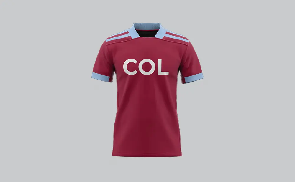 Maroon soccer jersey with light blue trim and 