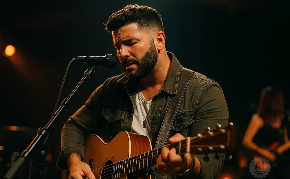A man with a beard plays an acoustic guitar and sings into a microphone on stage.