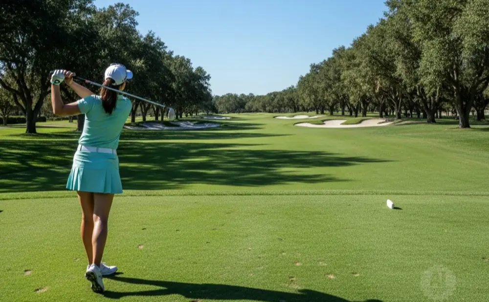 Golfer in a blue skirt swings at a golf ball on a sunny course lined with oak trees.