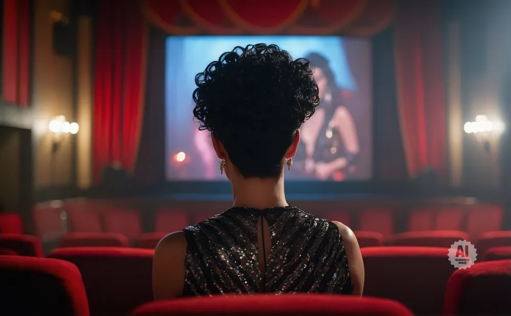 A woman with curly black hair watches a screen in a dark theater.